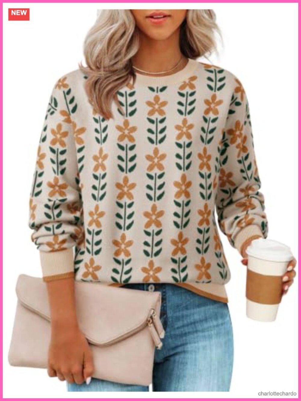 Women's Floral Print Crewneck Knit Pullover Long Sleeve